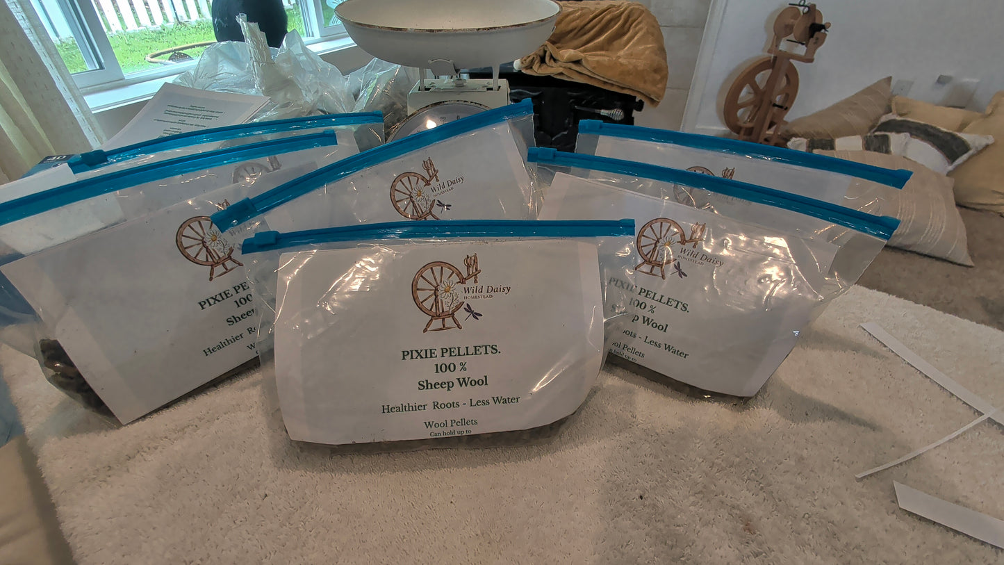 Pixie Pellets: 100% Natural Sheep Wool Saves Water and Improves Soil.