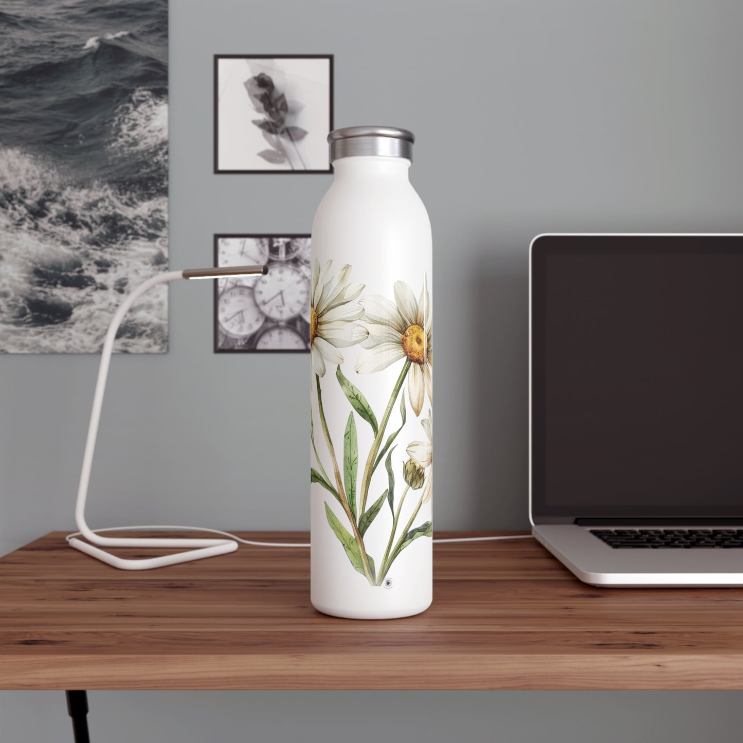 Floral Slim Water Bottle, Eco-Friendly Hydration, Summer Gift, Trendy Drinkware, Daisy Design, Outdoor Adventures