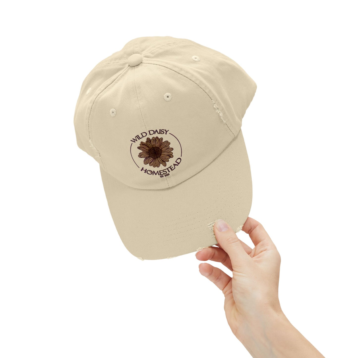 Wild Daisy Homestead Distressed Cap, Boho Style Hat, Vintage Floral Cap, Unisex Casual Headwear, Perfect Gift for Gardeners, Homesteaders, Farming.