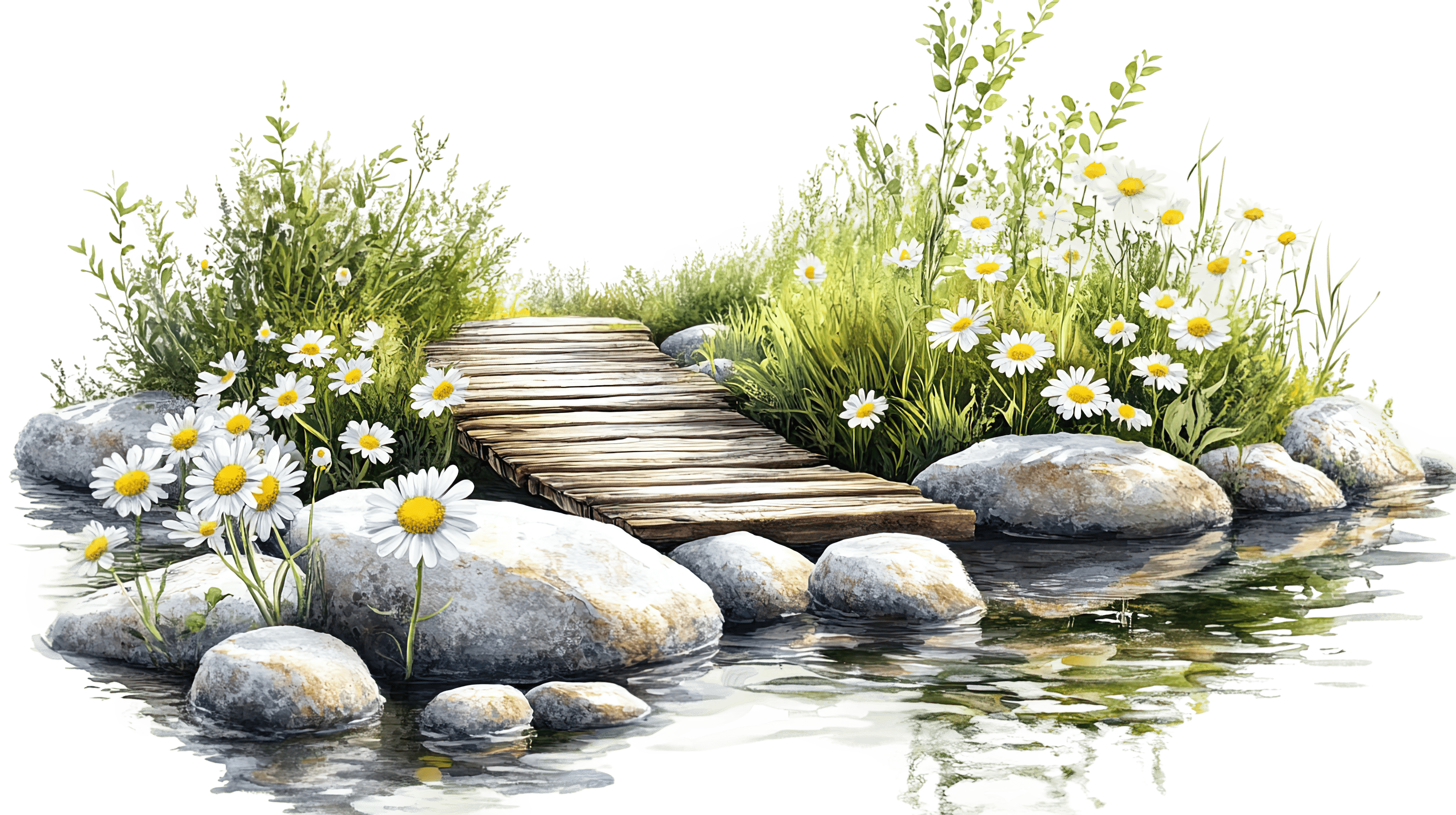 Whimsical wooden bridge surrounded by a stream rocks and daisies
