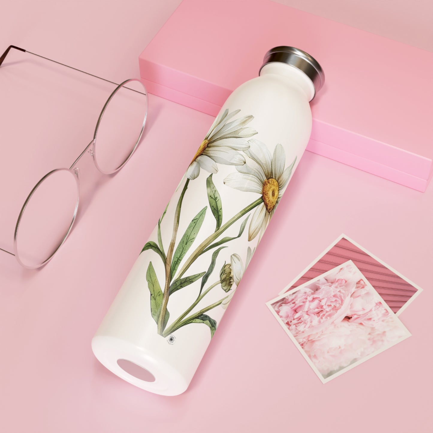 Floral Slim Water Bottle, Eco-Friendly Hydration, Summer Gift, Trendy Drinkware, Daisy Design, Outdoor Adventures