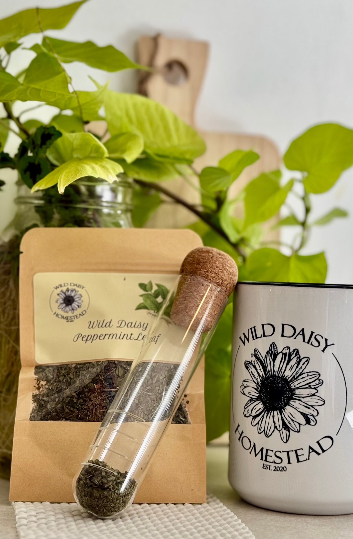 Glass tea insuer leaning on a cup with Wild Daisy Homestead Brand of dried Peppermint leaves for tea.