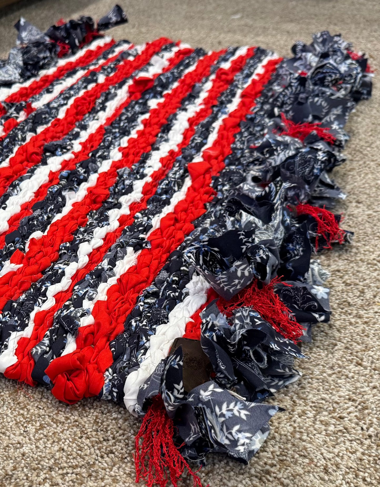 Hand Woven Peg Loom Rug. Red White And Blue Patriotic Vibes