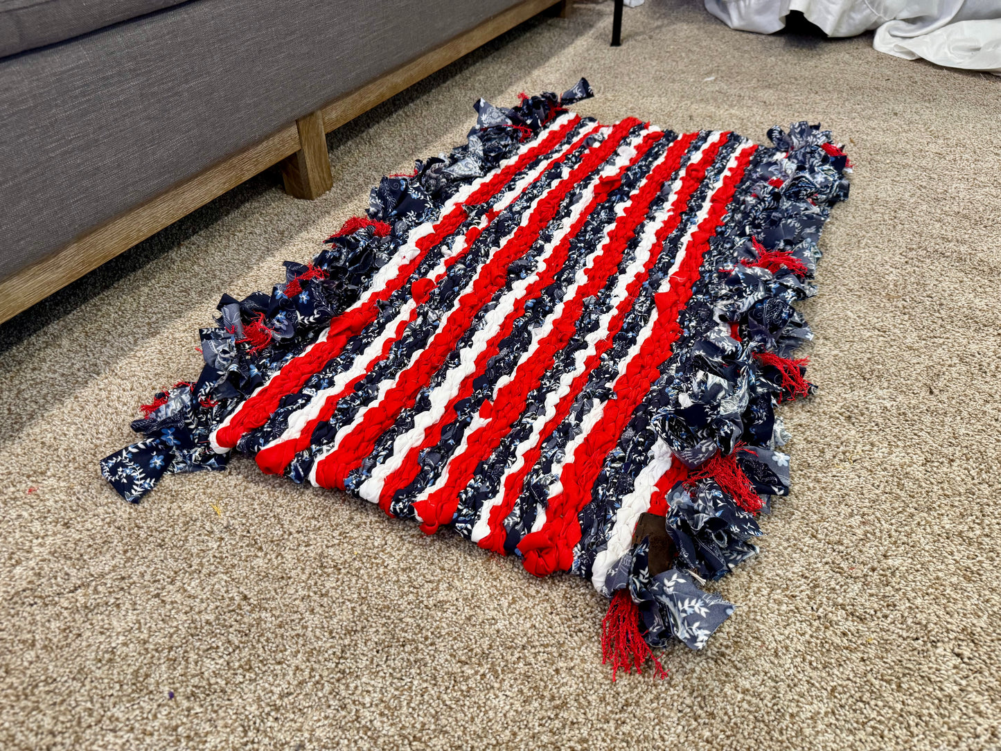 Hand Woven Peg Loom Rug. Red White And Blue Patriotic Vibes