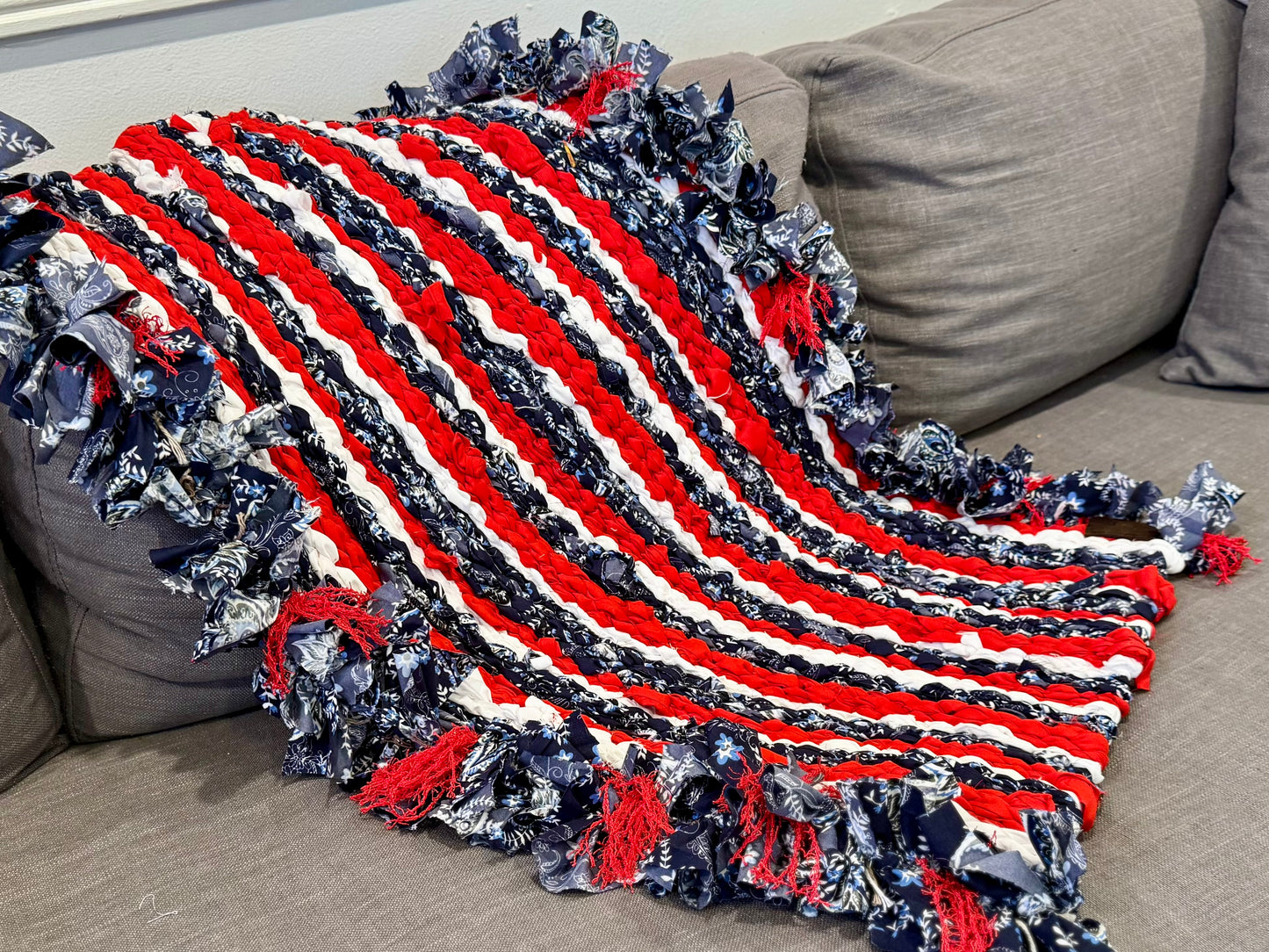 Hand Woven Peg Loom Rug. Red White And Blue Patriotic Vibes
