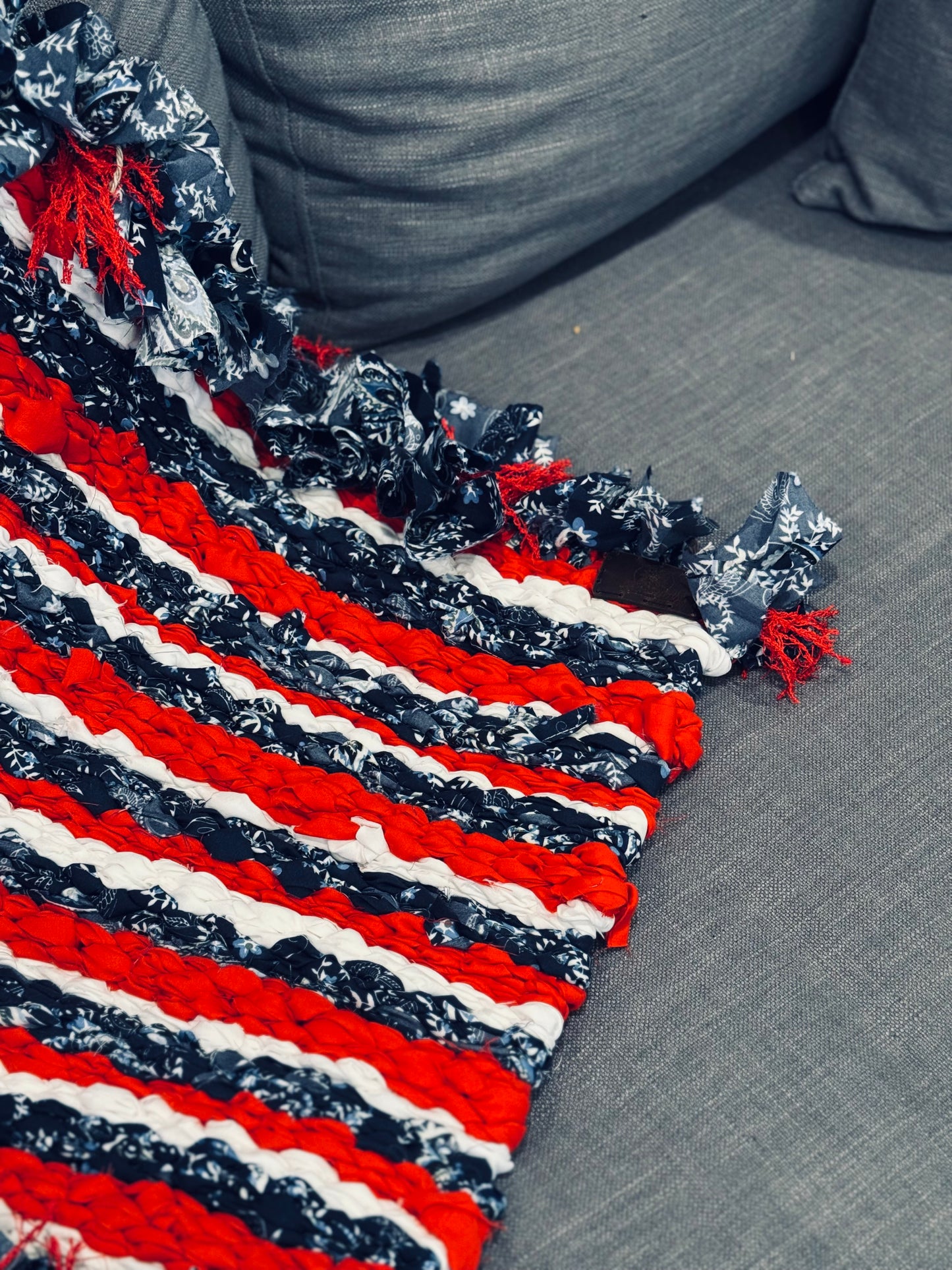 Hand Woven Peg Loom Rug. Red White And Blue Patriotic Vibes
