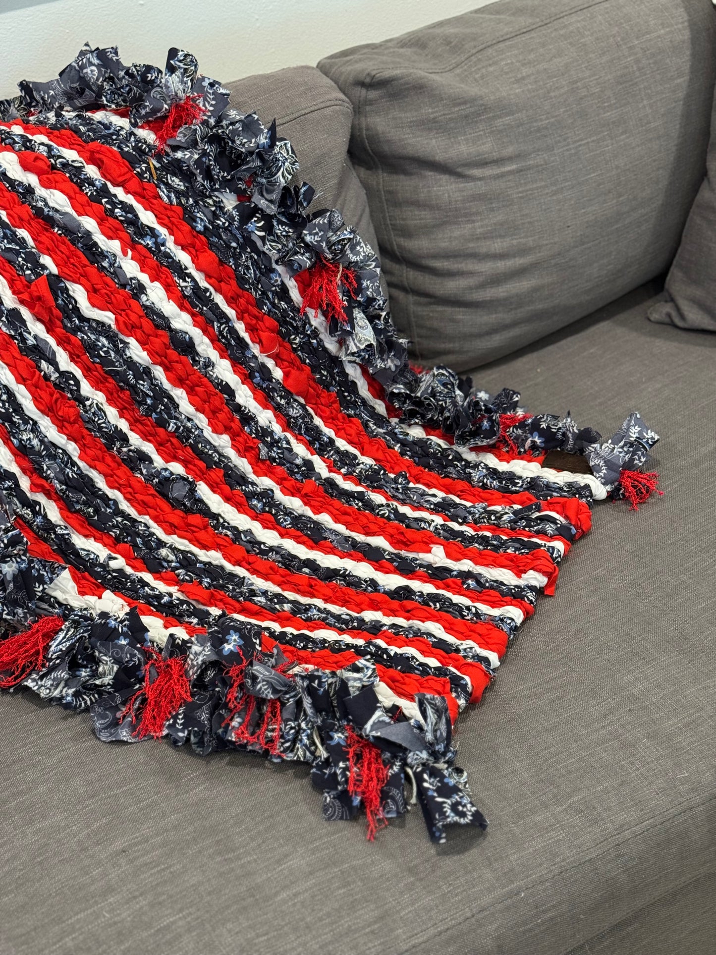 Hand Woven Peg Loom Rug. Red White And Blue Patriotic Vibes