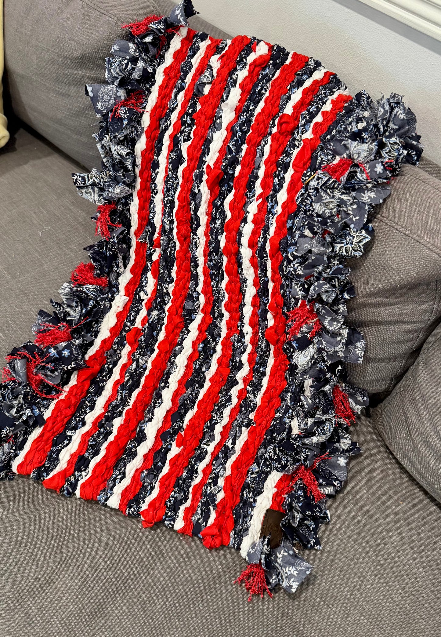 Hand Woven Peg Loom Rug. Red White And Blue Patriotic Vibes