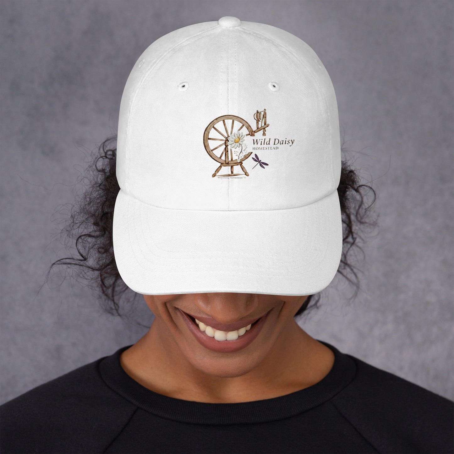 Whimsical Spinning Wheel and Dragonfly Graphic Dad Hat in White