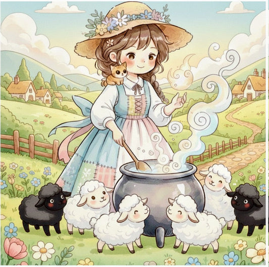 A whimsical vintage-style illustration of a young girl in a large sunhat stirring a magical cauldron in a pasture, surrounded by a flock of cute black and white sheep.