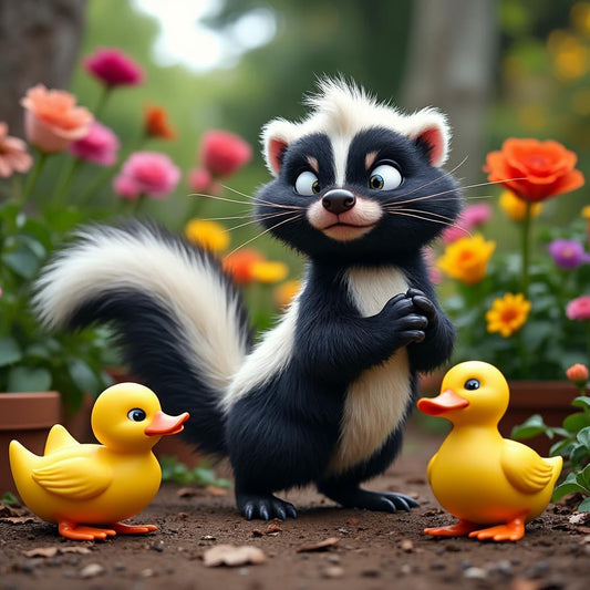 "A whimsical digital illustration at Wild Daisy Homestead featuring a cute, fluffy skunk with a white stripe standing in a garden of red flowers, surrounded by two small yellow rubber-duck-style ducklings on the grass."