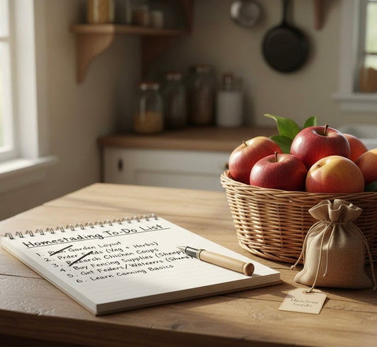 "A cozy kitchen table at Wild Daisy Homestead featuring a handwritten 'Homesteading To-Do List' with items like 'Plan Garden Layout' and 'Buy Fencing Supplies' crossed off. A basket of red apples and a small burlap bag of heirloom seeds sit nearby."
