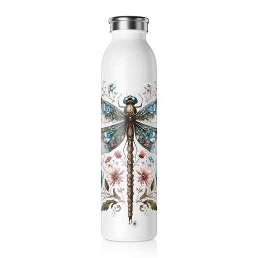 Beautiful Dragonfly Water Bottle, Eco-Friendly Slim Bottle, Floral Pattern Drinkware, Perfect for Nature Lovers, Gift for Her