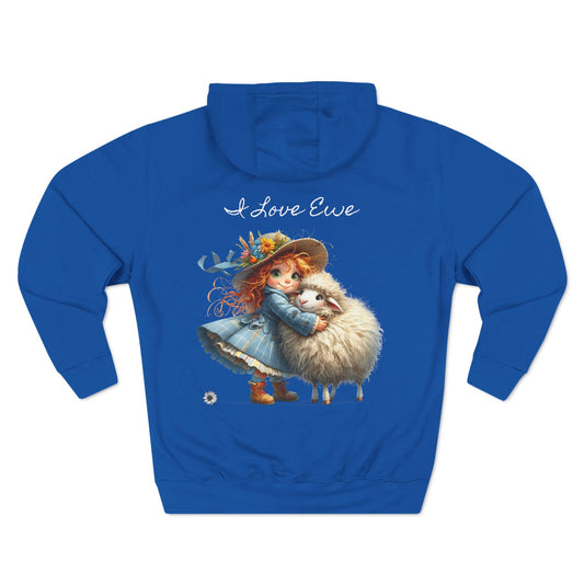 Hoodie Blue - I Love Ewe Collection, Girl with Sheep Graphic, Cozy and Comfortable, Perfect for Cold Weather Season, Spring, and Mountain