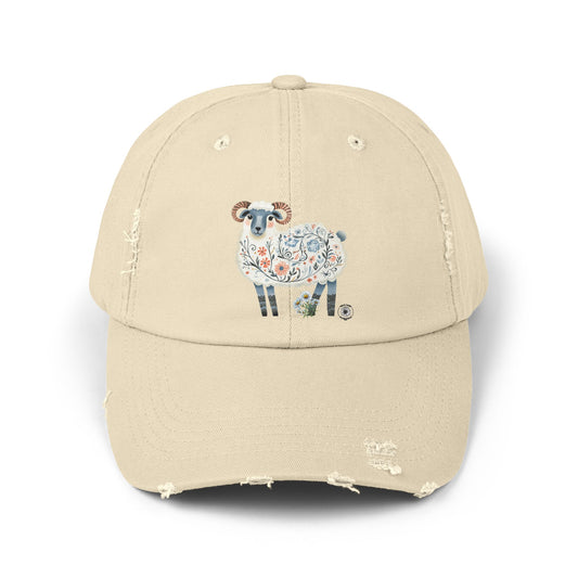 Charming Distressed Cap with Floral Sheep Design, Cute Summer Hat, Unisex Adjustable Cap, Gift for Animal Lovers, Trendy Fashion Accessory