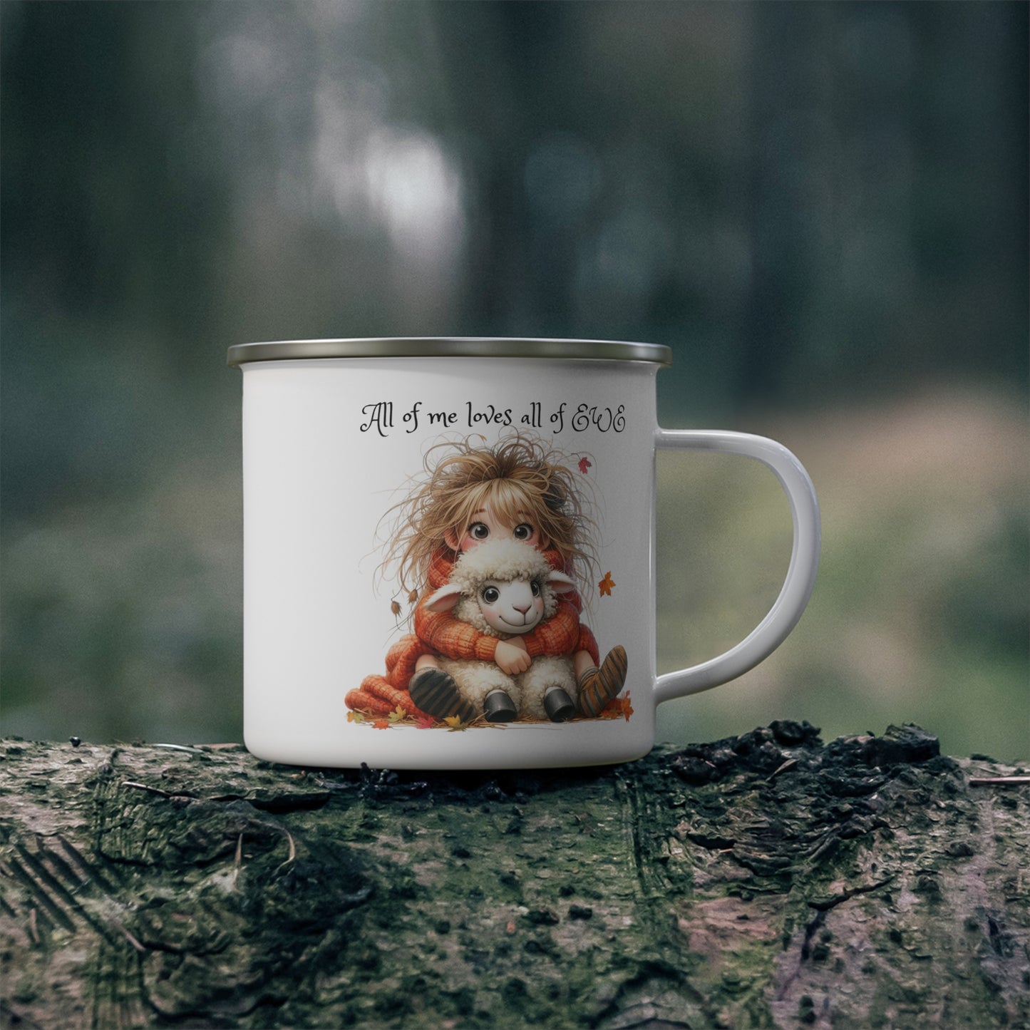 Enamel Camping Mug - All of Me Loves All of EWE - Red Headed Child and Sheep Graphic - 12 oz Durable Cup for Indoors and Outdoors