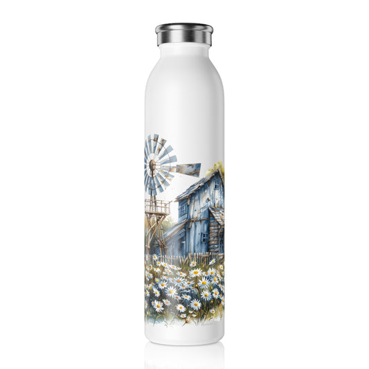 Slim Water Bottle - Whimsical Country Scene with Fairy and Daisies