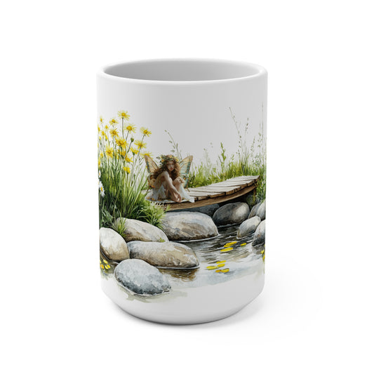 Mug 15oz - Fairy Next On A Bridge With Whimsical Daisies Mug For Coffee, Tea or Hot Chocolate