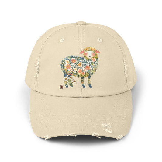 Floral Sheep Distressed Cap | Casual Summer Hat, Gift for Nature Lovers, Vintage Style, Everyday Wear, Trendy Accessories