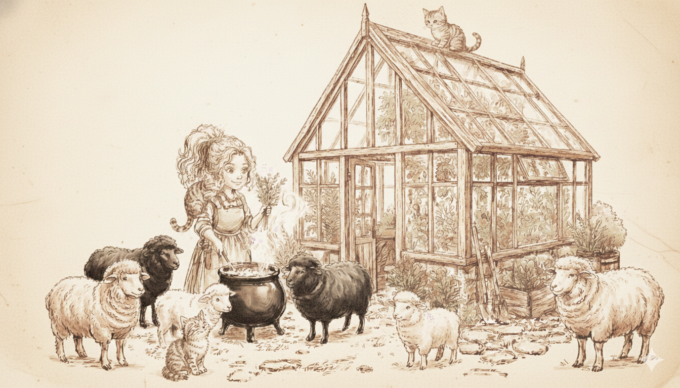 "A warm, vintage-style sepia illustration of a shepherdess tending a cauldron outside a rustic greenhouse, surrounded by a peaceful flock of fluffy sheep and curious cats."