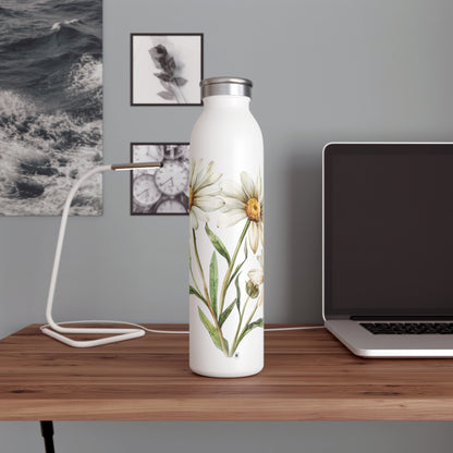 Floral Slim Water Bottle, Eco-Friendly Hydration, Summer Gift, Trendy Drinkware, Daisy Design, Outdoor Adventures