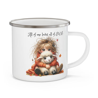 Enamel Camping Mug - All of Me Loves All of EWE - Red Headed Child and Sheep Graphic - 12 oz Durable Cup for Indoors and Outdoors