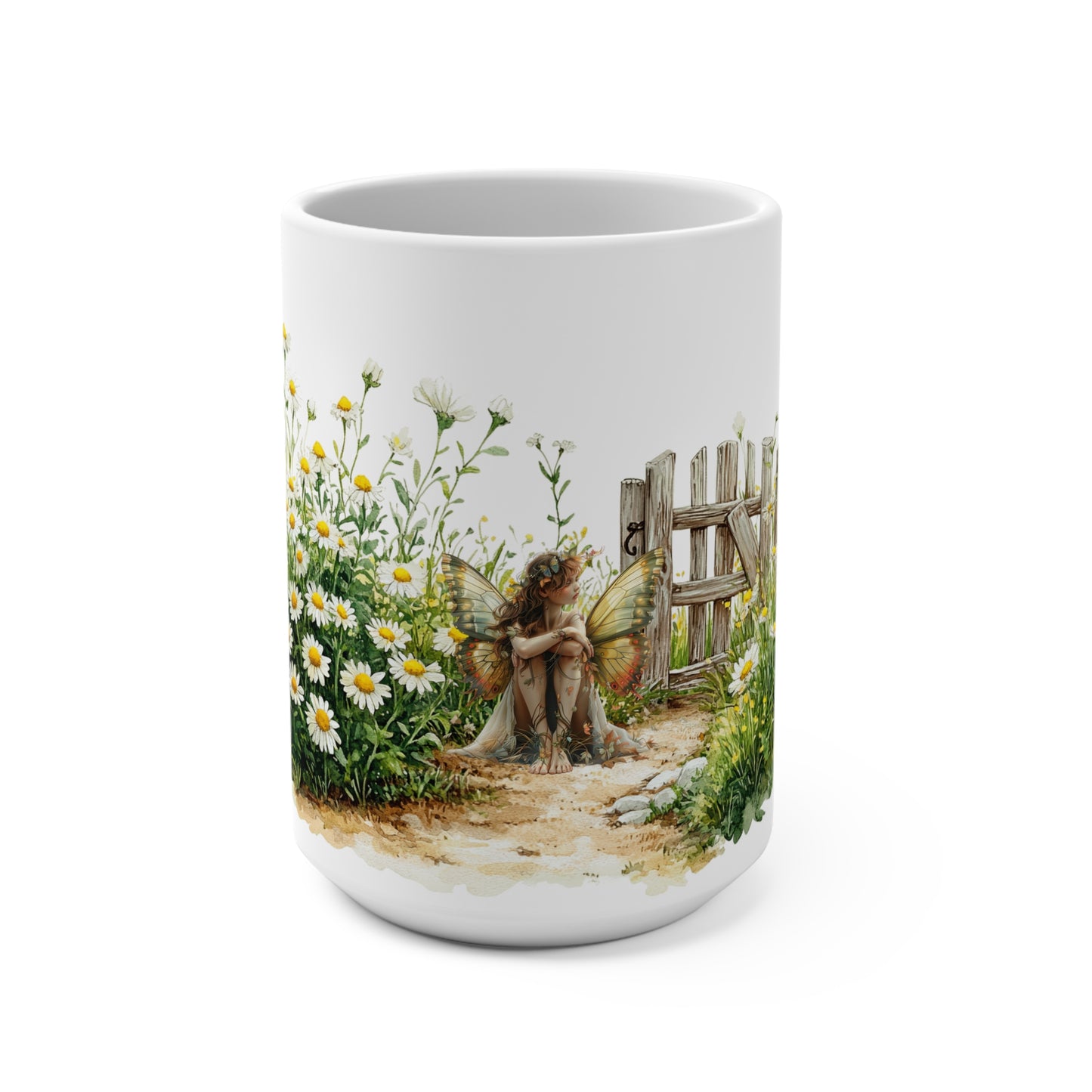 Mug 15oz Beautiful Fairy Sitting by Old Wood Gate Cup for Coffee Tea Hot Chocolate