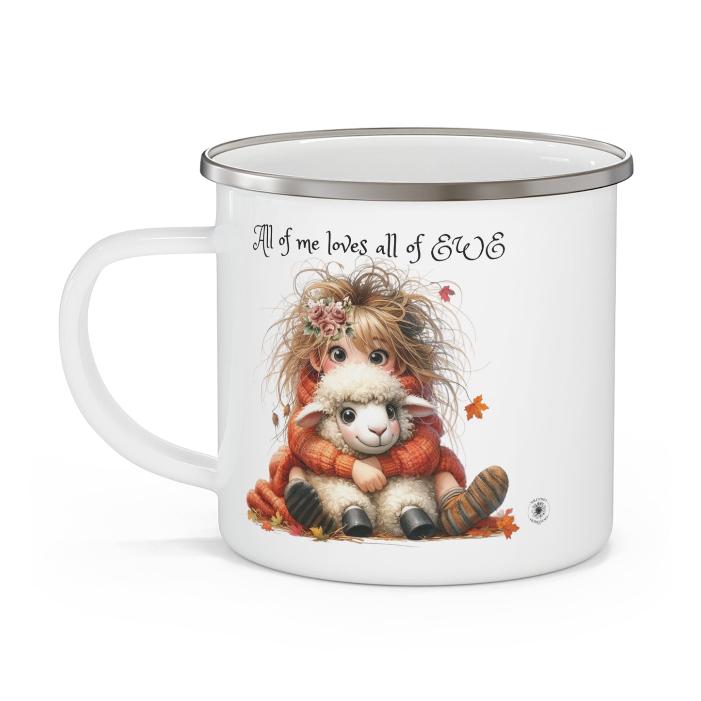 Enamel Camping Mug - All of Me Loves All of EWE - Red Headed Child and Sheep Graphic - 12 oz Durable Cup for Indoors and Outdoors