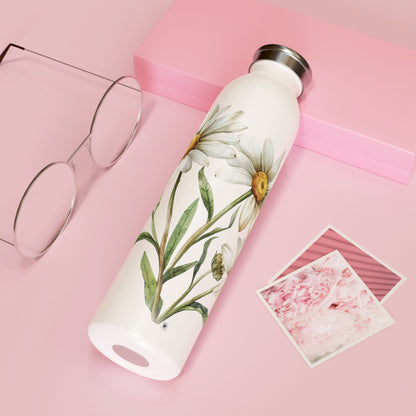 Floral Slim Water Bottle, Eco-Friendly Hydration, Summer Gift, Trendy Drinkware, Daisy Design, Outdoor Adventures