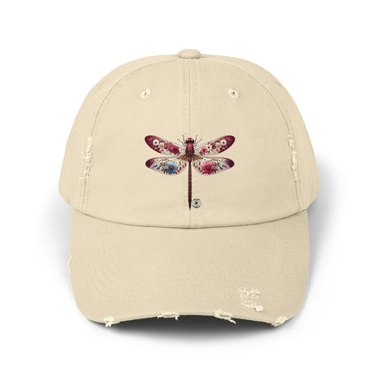 Boho Dragonfly Distressed Cap | Unisex Hat, Vintage Cap, Floral Baseball Cap, Summer Accessory, Outdoor Gift,