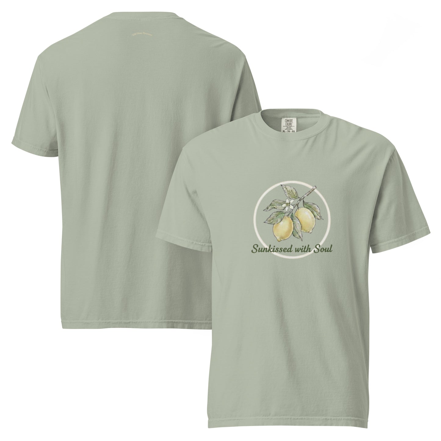 Whimsical Lemon Branch and Bee Graphic T-Shirt in Bay Sage Green featuring the text Sunkissed with Soul
