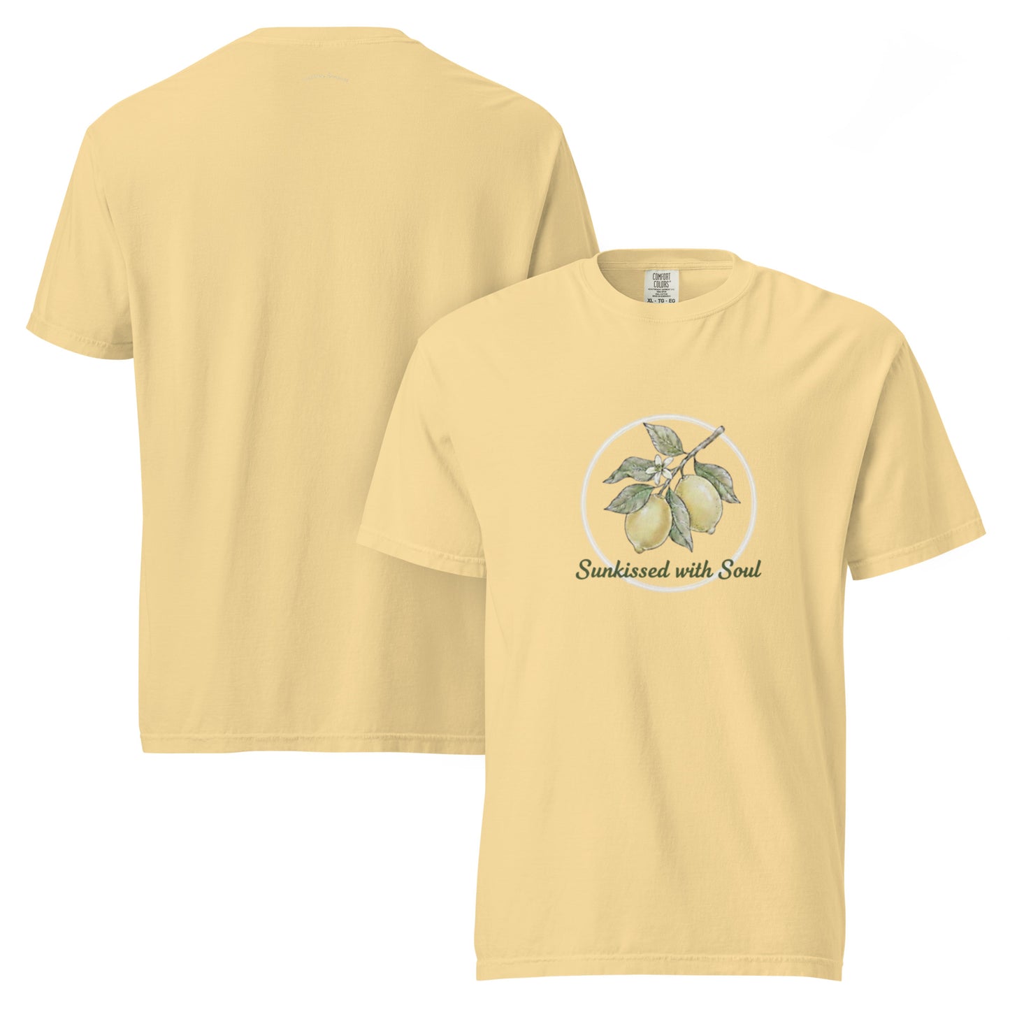 Whimsical Lemon Branch and Bee Graphic T-Shirt in Butter Yellow featuring the text Sunkissed with Soul
