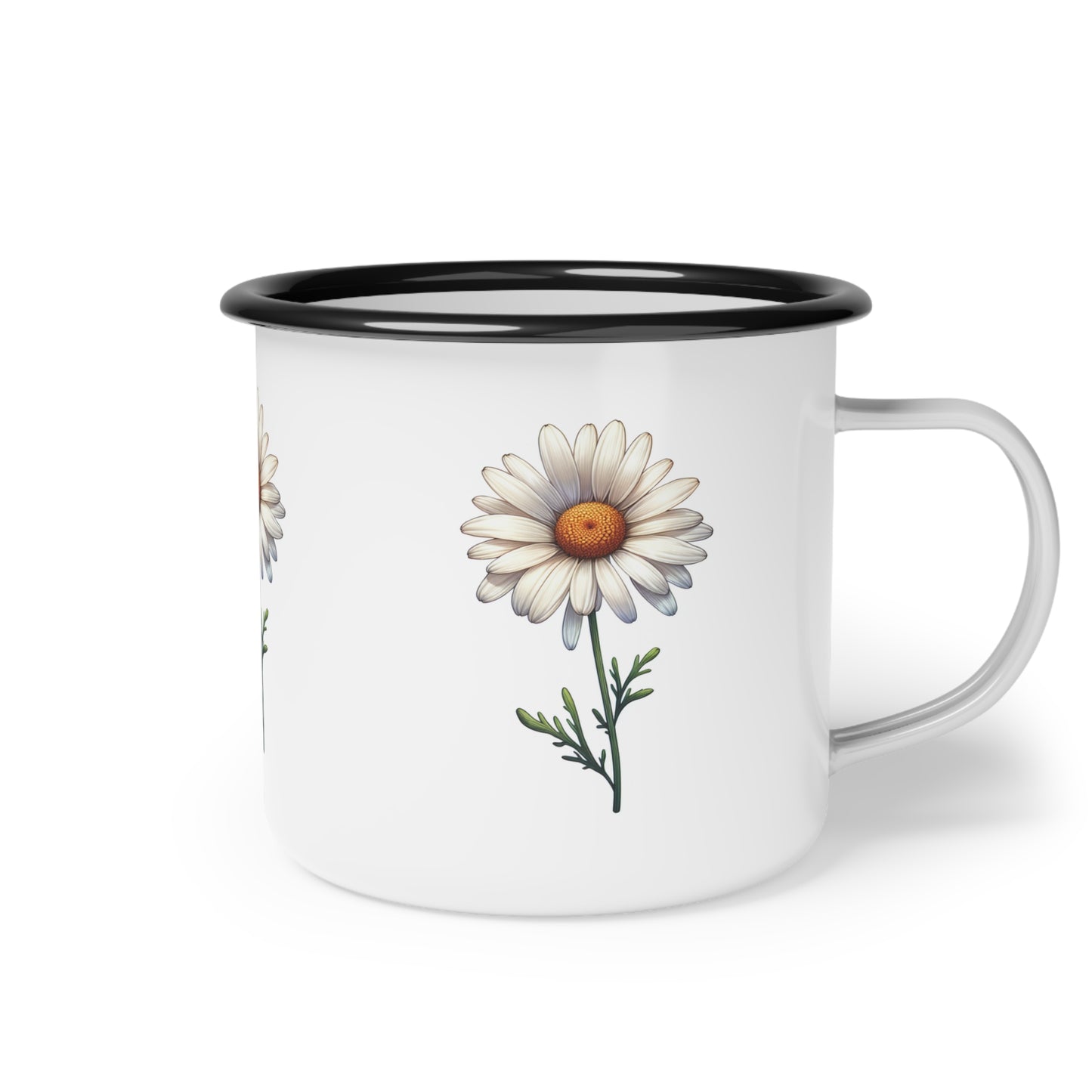 White enamel daisy mug  with black rim for your  hot coffee, tea or hot cocoa in the morning.  Can also be for cold drinks in the summer.  Child safe and enjoyed by adults. This daisy mug will brighten up any moment winter, spring, summer or fall. Indoor and Outdoor. Camping or sitting on your couch. 