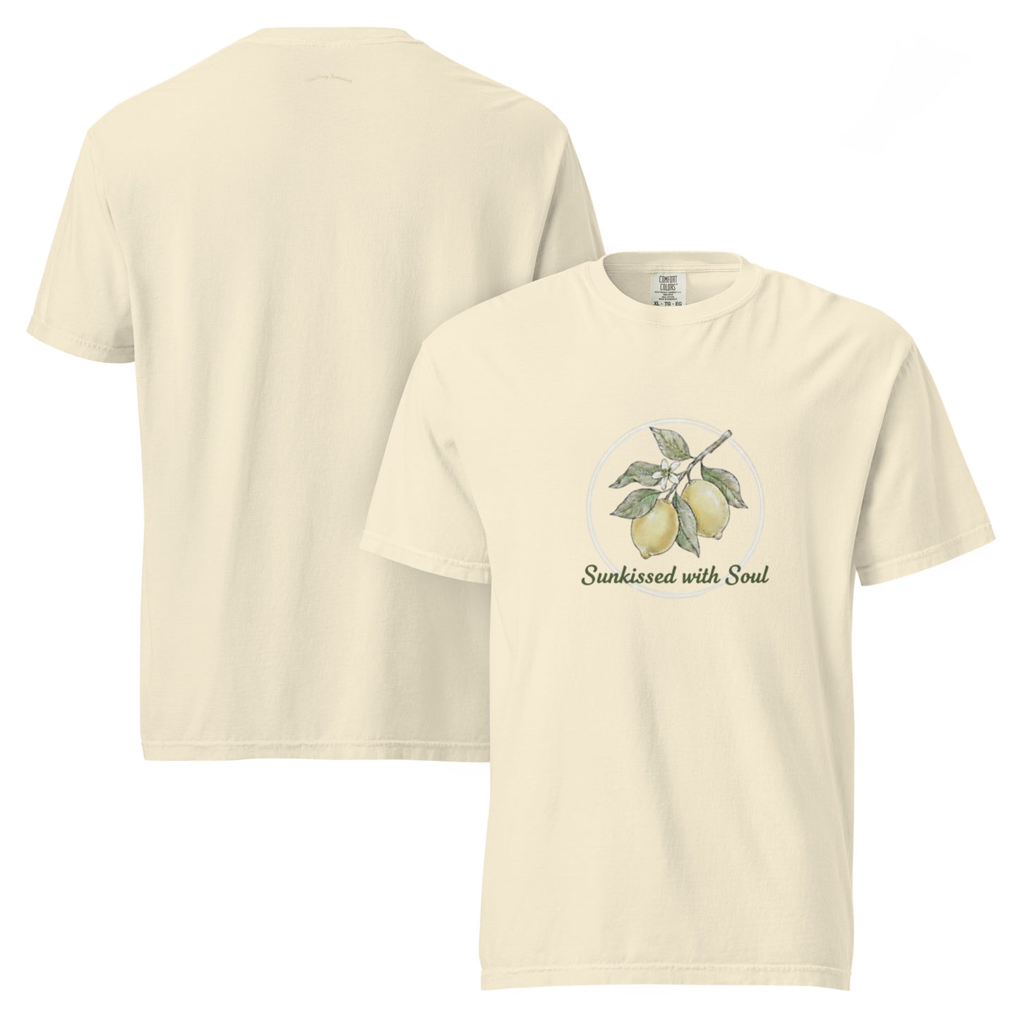 Whimsical Lemon Branch and Bee Graphic T-Shirt in Ivory featuring the text Sunkissed with Soul
