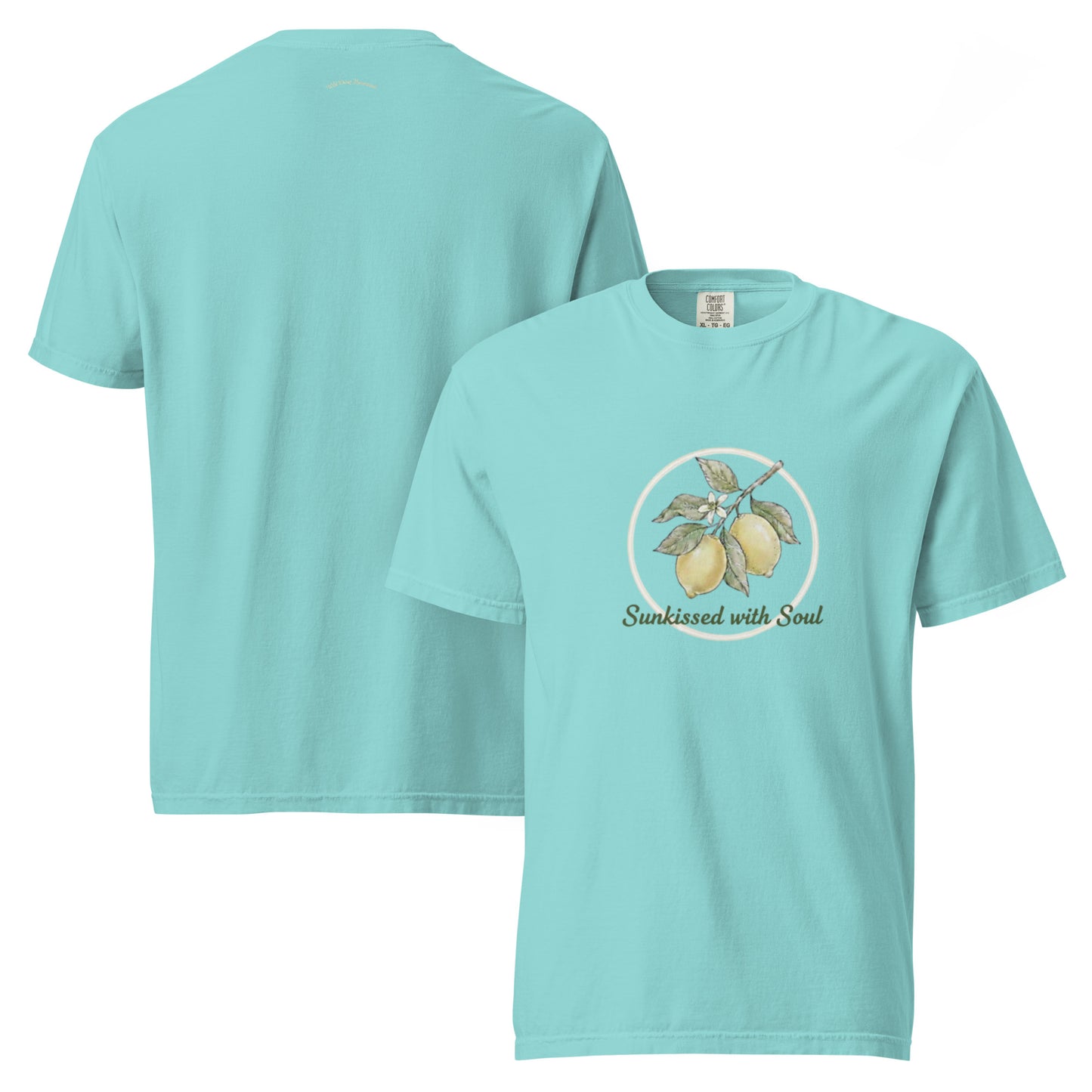 Whimsical Lemon Branch and Bee Graphic T-Shirt in Lagoon Blue featuring the text Sunkissed with Soul