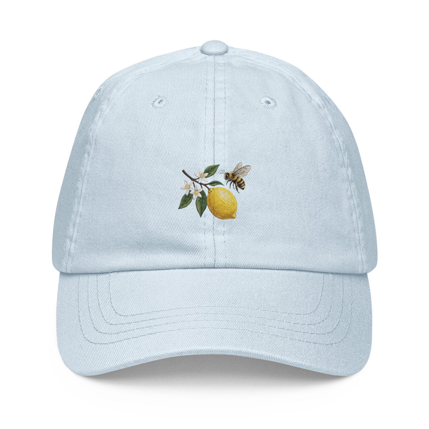 Whimsical Lemon and Bee Graphic Pastel Baseball Hat in Light Blue
