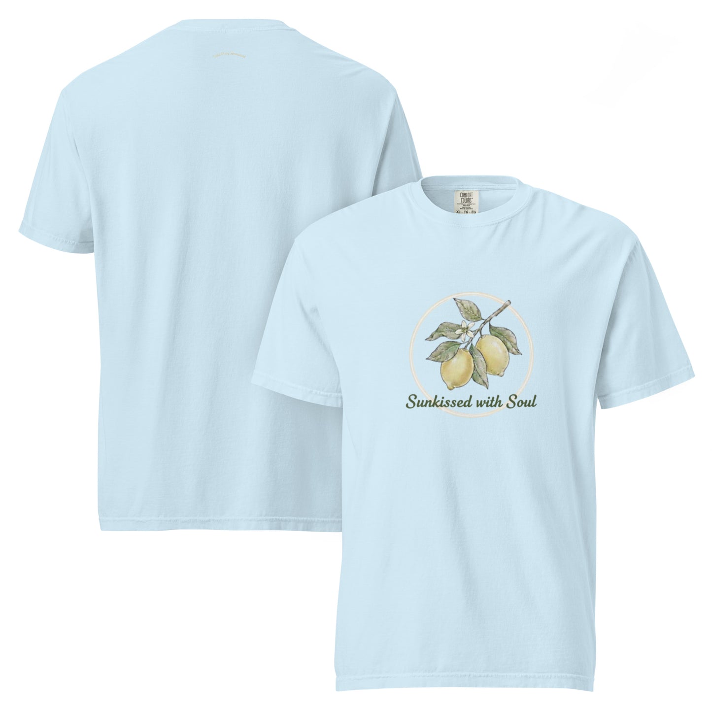 Whimsical Lemon Branch and Bee Graphic T-Shirt in Light Blue featuring the text Sunkissed with Soul
