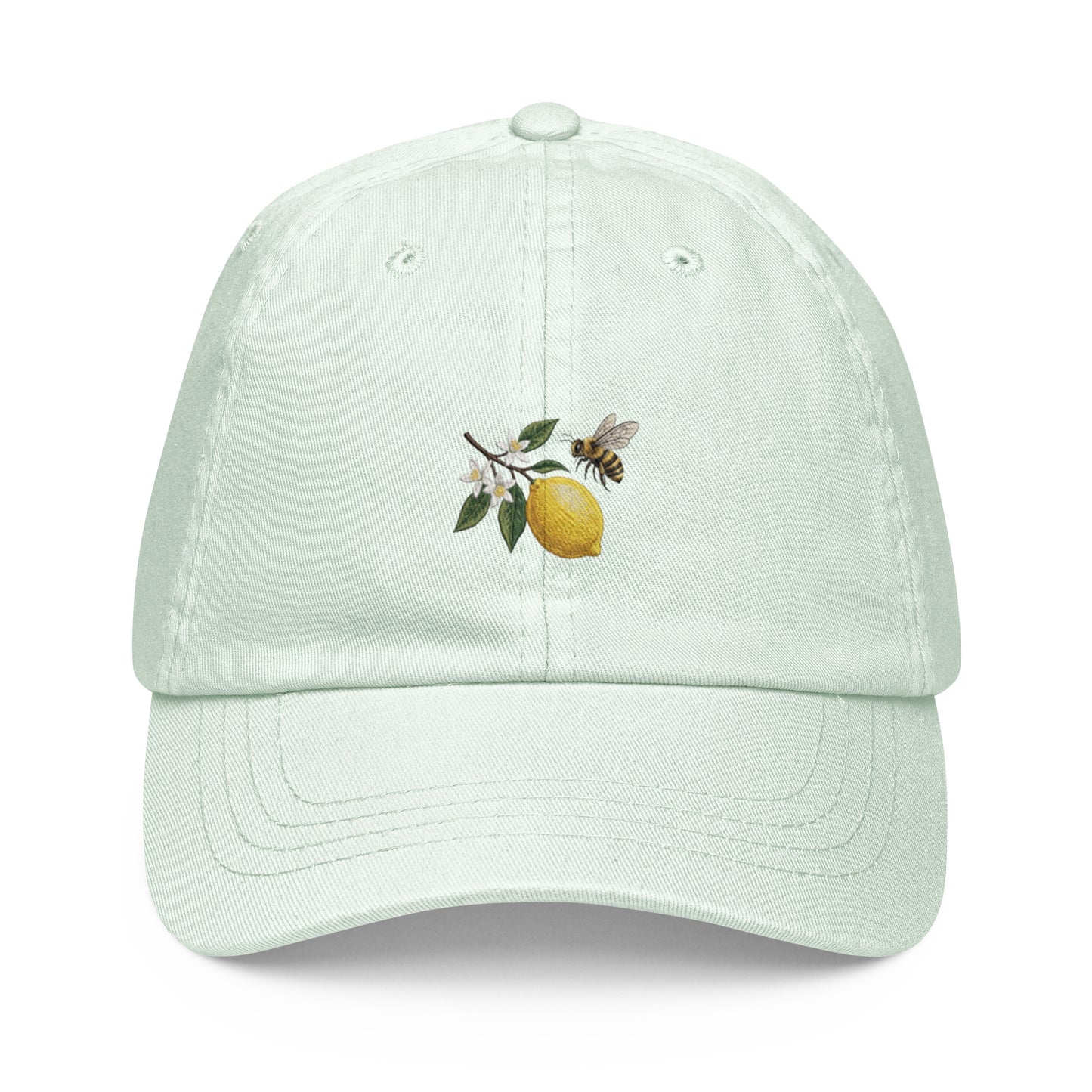Whimsical Lemon and Bee Graphic Pastel Baseball Hat in Light Mint Green