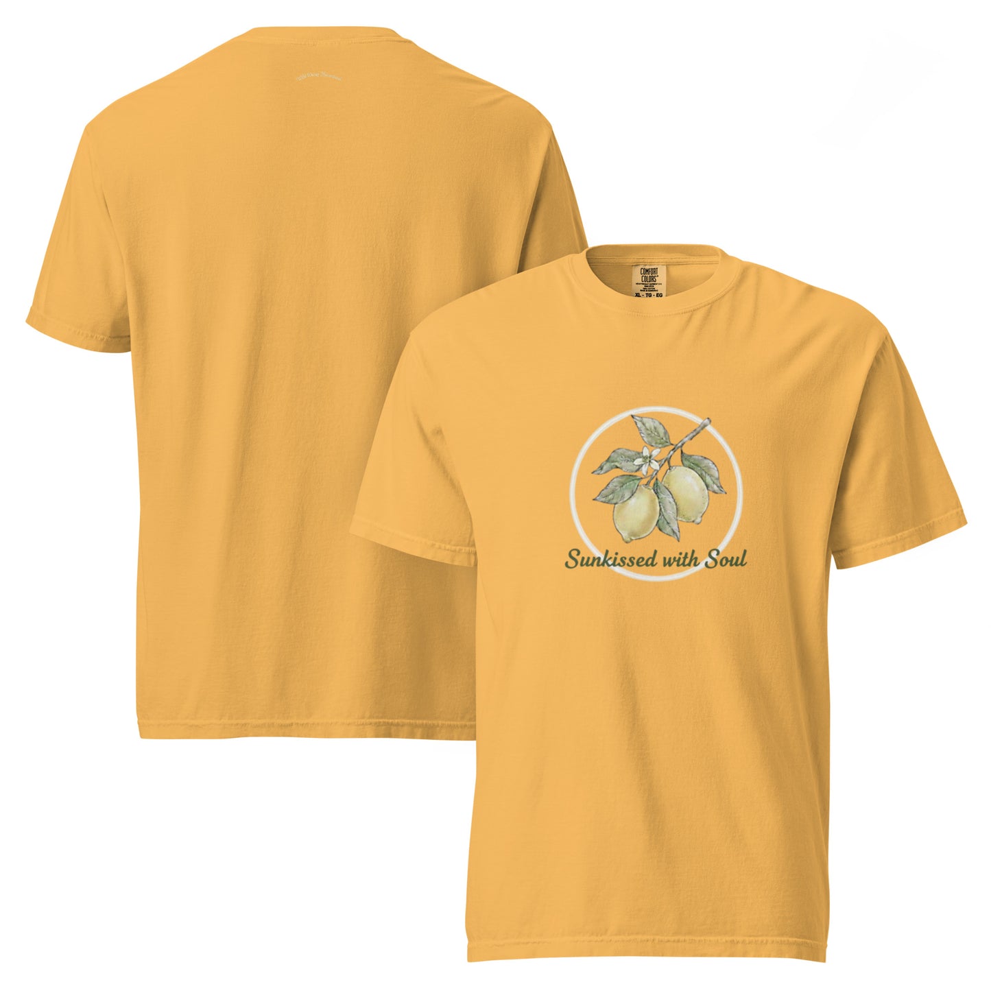 Whimsical Lemon Branch and Bee Graphic T-Shirt in Mustard Yellow featuring the text Sunkissed with Soul
