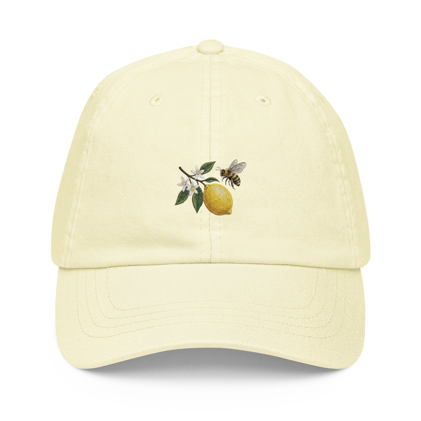Whimsical Lemon and Bee Graphic Pastel Baseball Hat in Pastel Lemon
