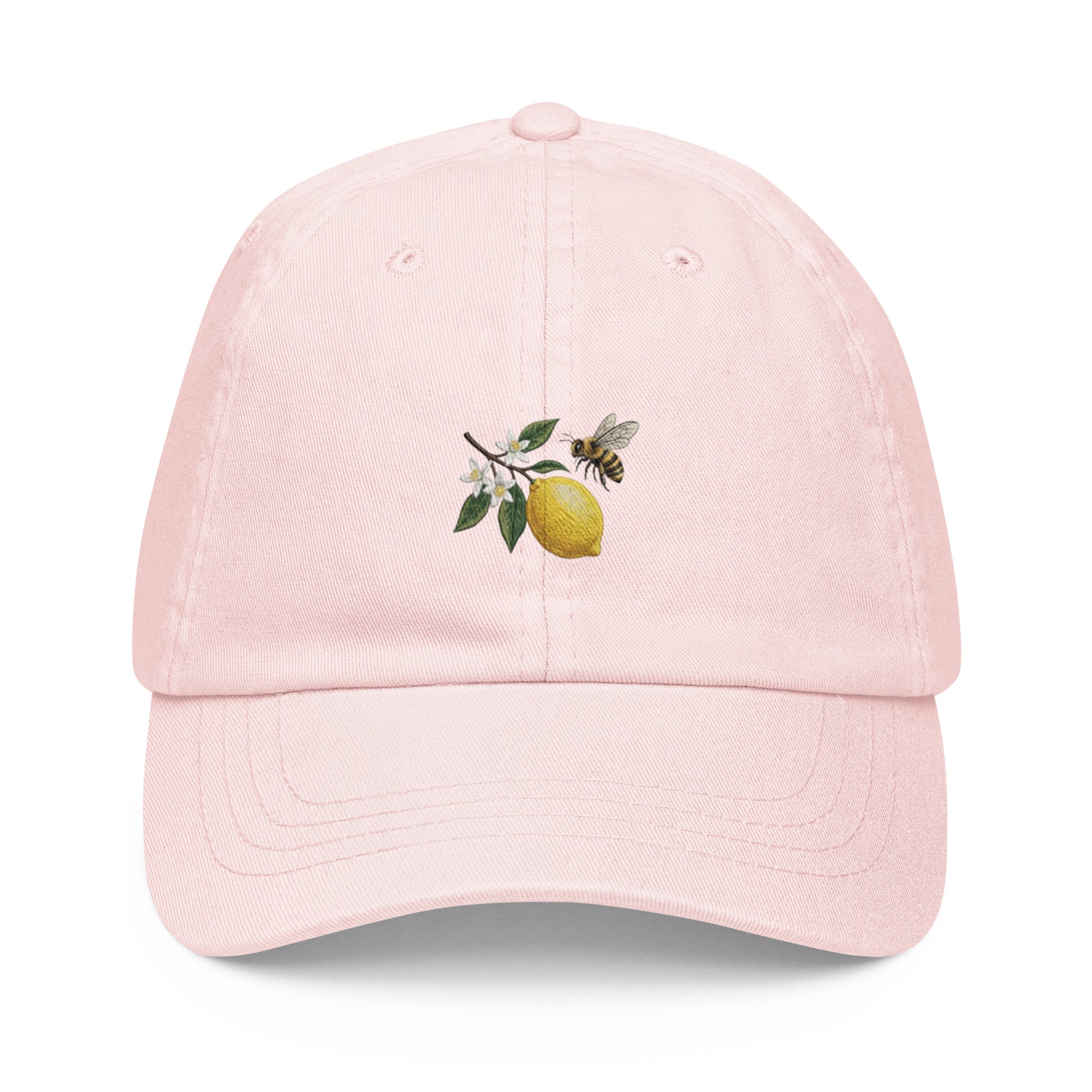 Whimsical Lemon and Bee Graphic Pastel Baseball Hat in Pastel Pink
