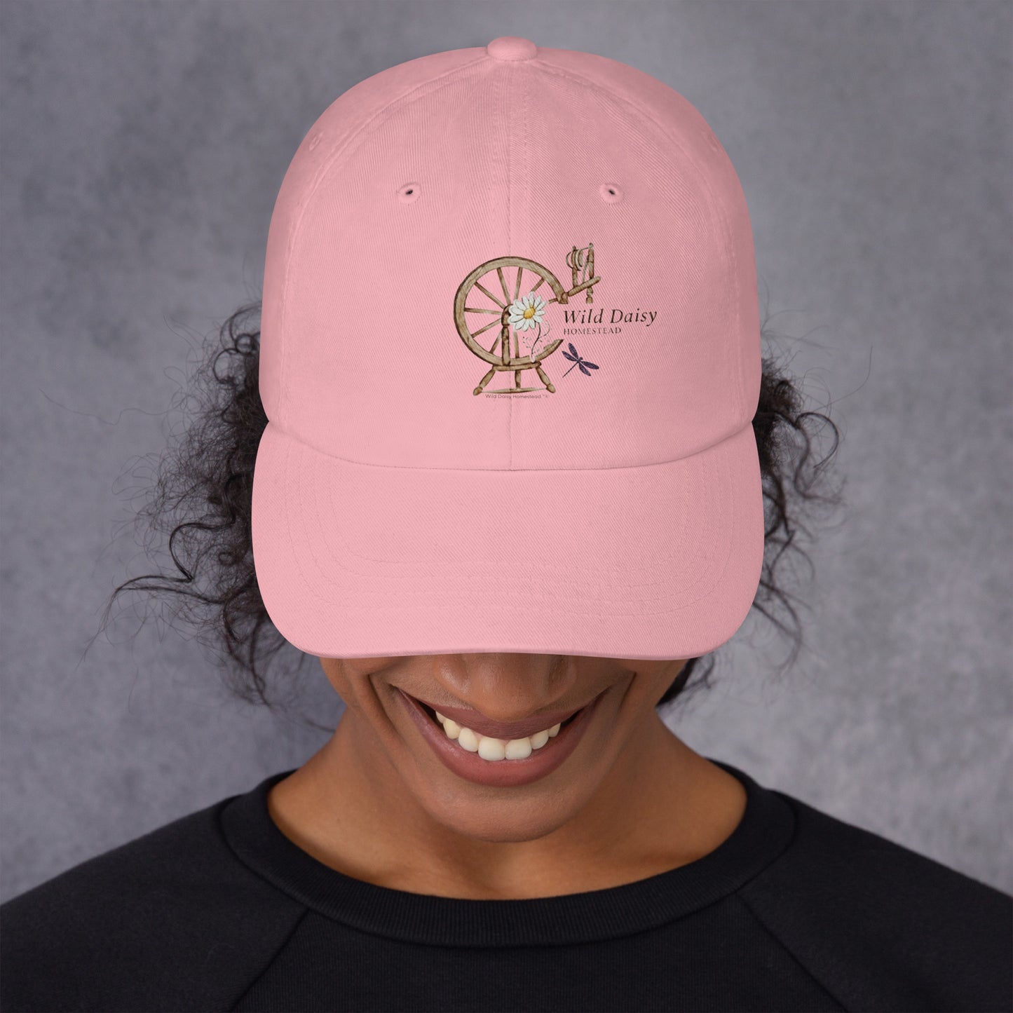 Whimsical Spinning Wheel and Dragonfly Graphic Dad Hat in Pink
