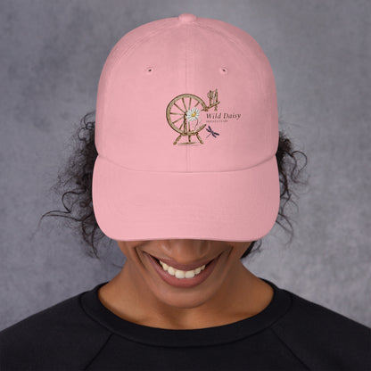 Whimsical Spinning Wheel and Dragonfly Graphic Dad Hat in Pink
