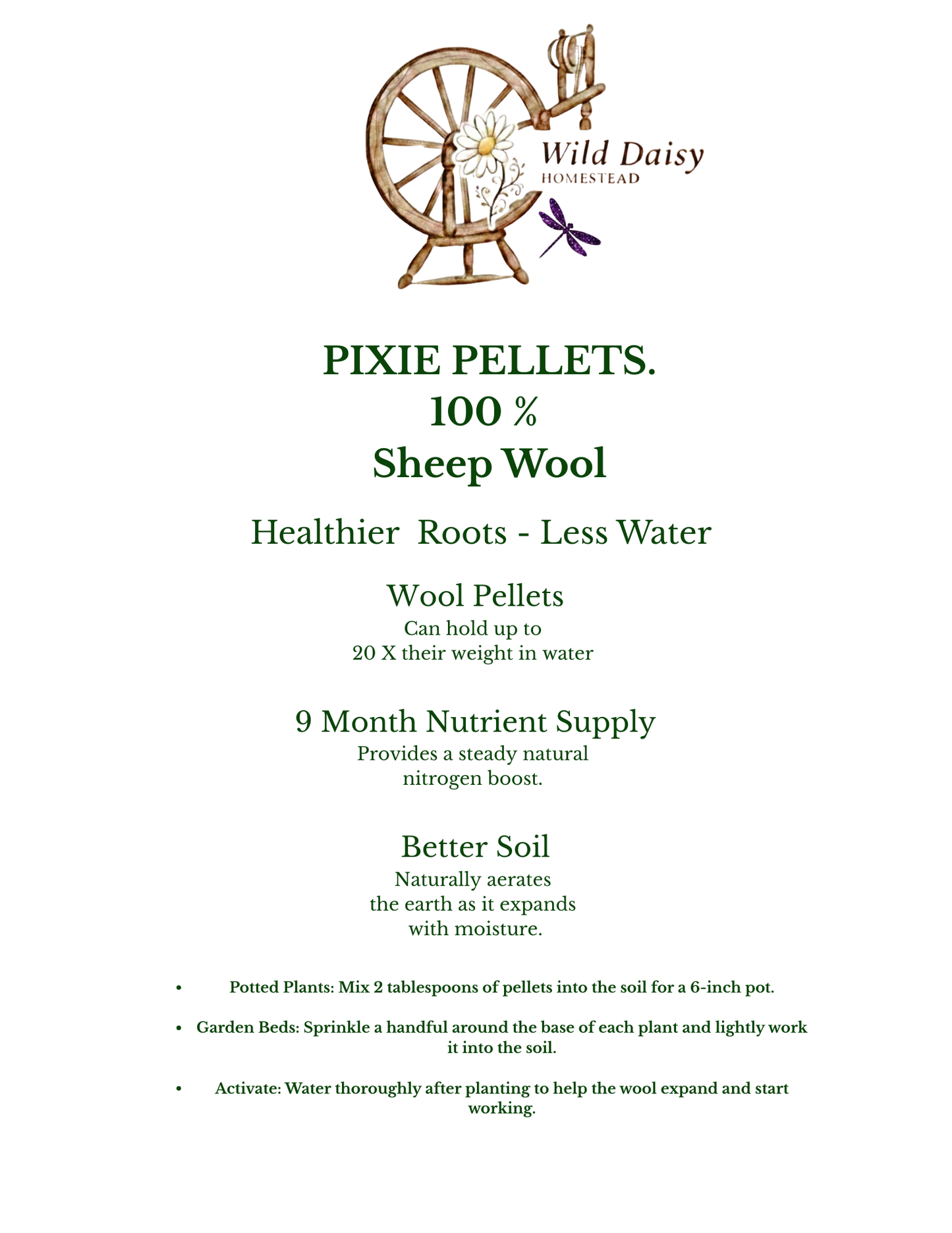 Pixie Pellets: 100% Natural Sheep Wool Saves Water and Improves Soil.