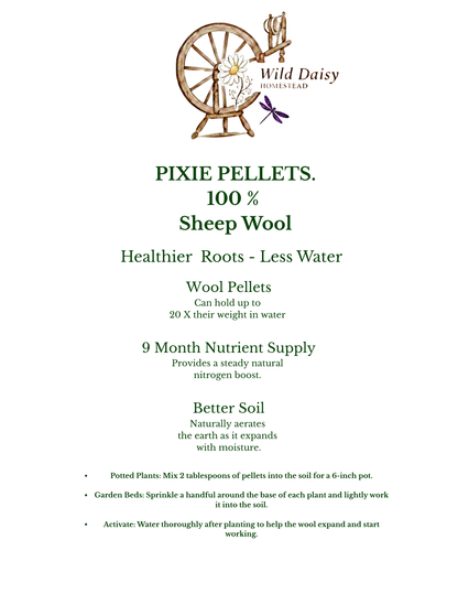 Pixie Pellets: 100% Natural Sheep Wool Saves Water and Improves Soil.