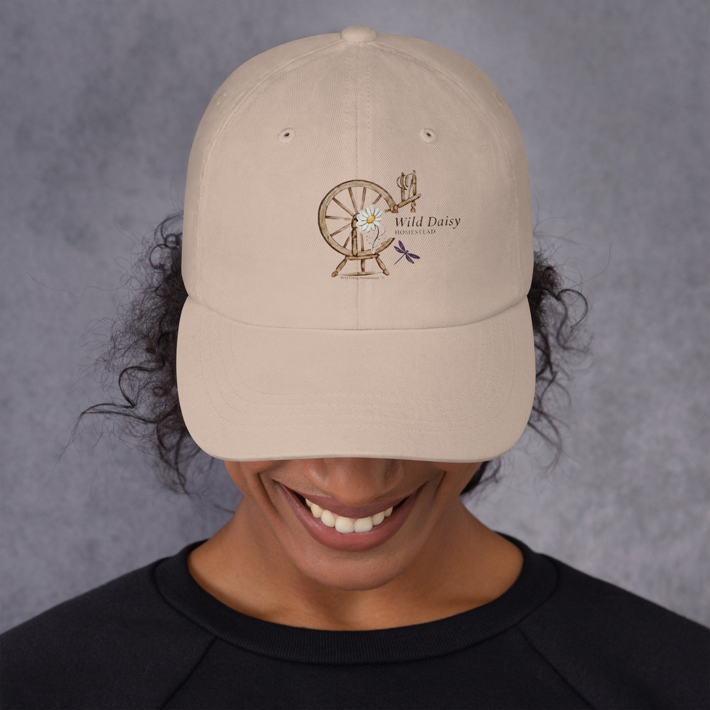 Whimsical Spinning Wheel and Dragonfly Graphic Dad Hat in Stone
