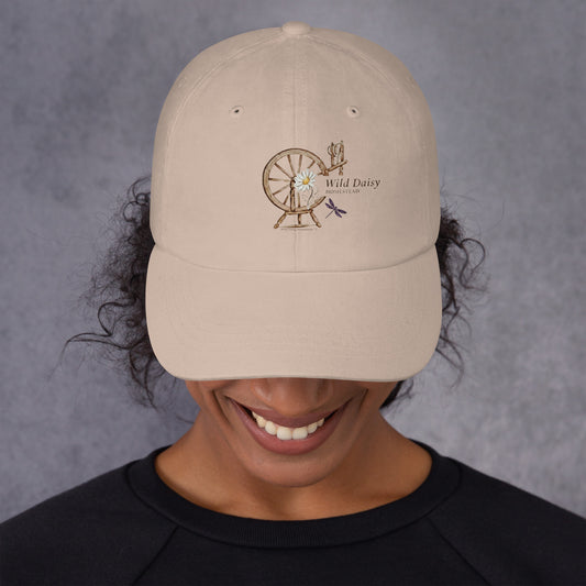 Whimsical Spinning Wheel and Dragonfly Graphic Dad Hat in Stone
