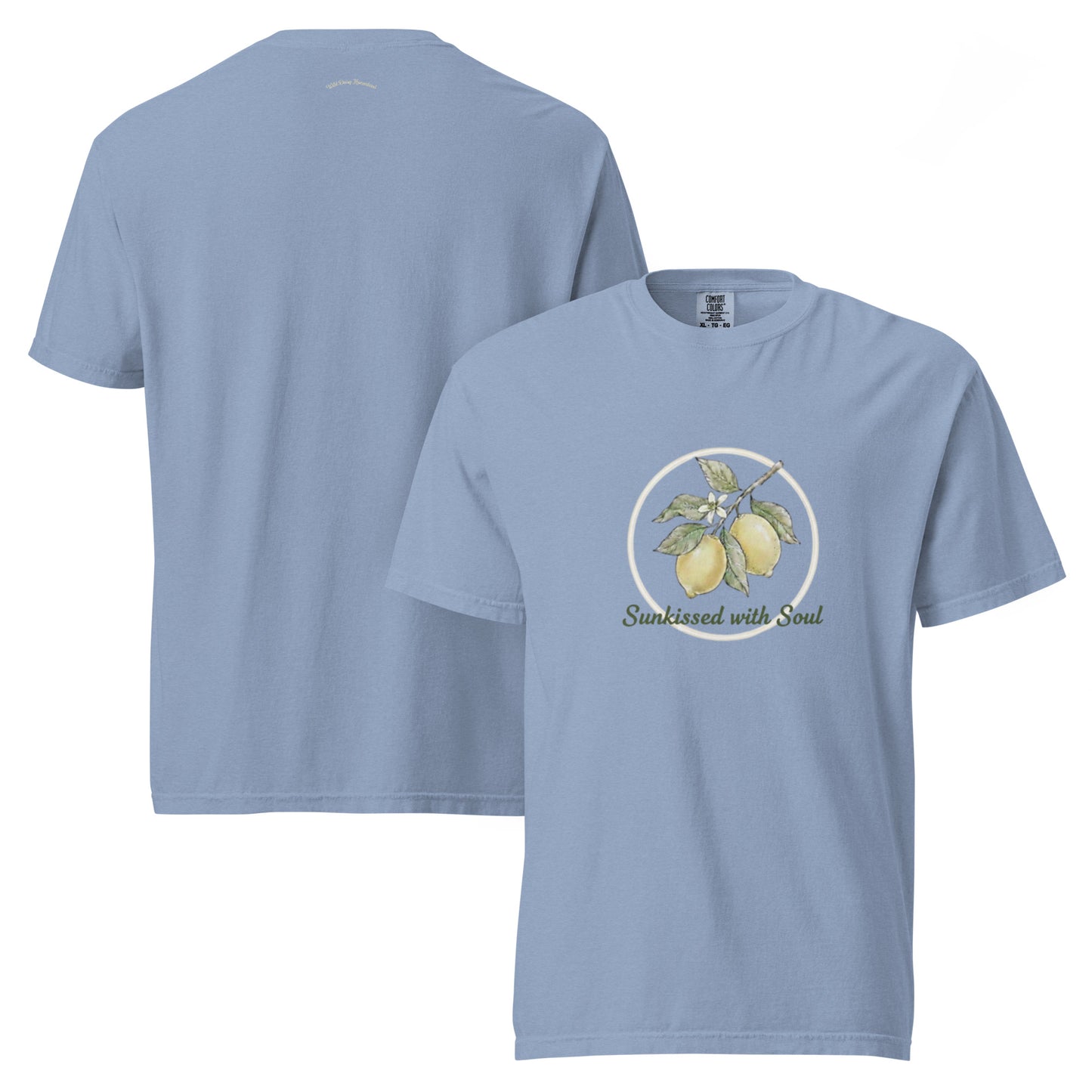 Whimsical Lemon Branch and Bee Graphic T-Shirt in Washed Denim featuring the text Sunkissed with Soul
