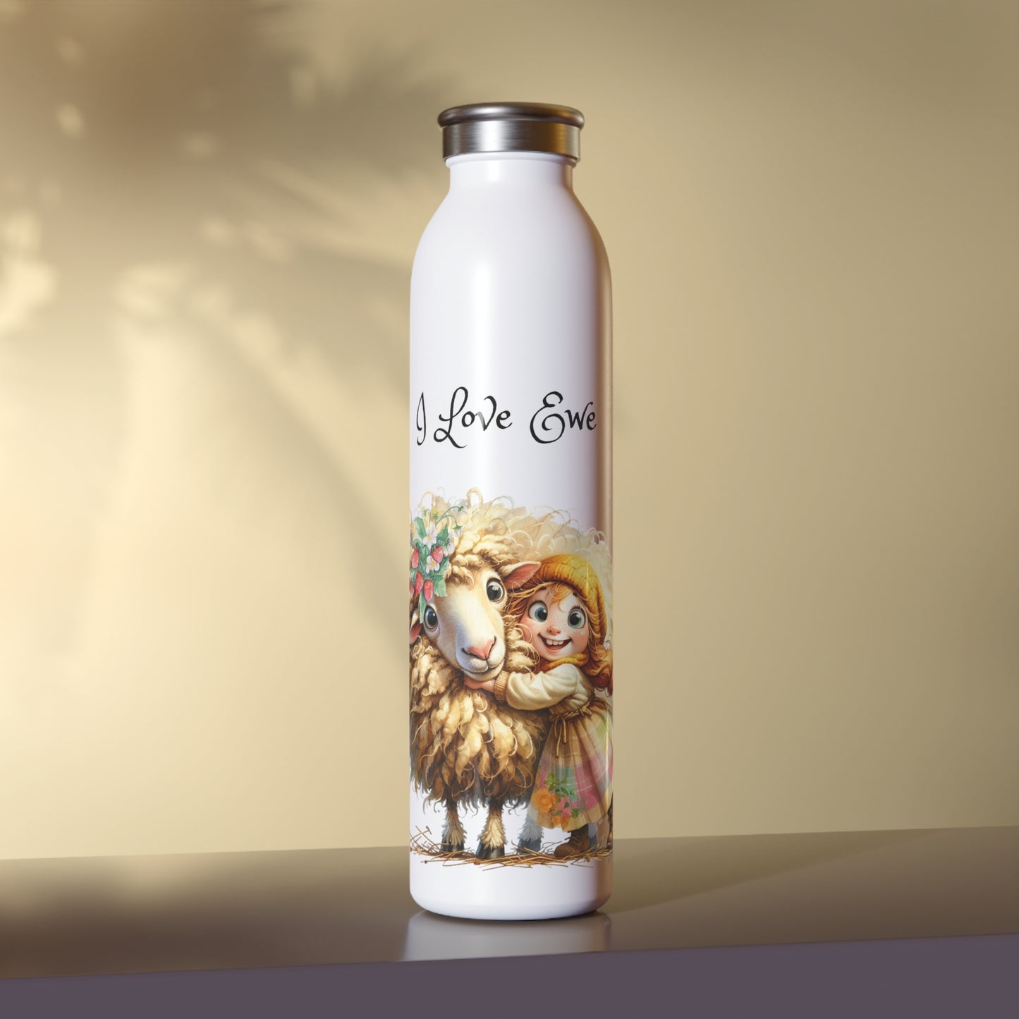 This darling very cute and whimsical  water bottle with be the favorite for any of your fun loving cute Valentines this year. Women and girls of all ages with be thrilled with the size and shape of this water bottle that is easy to hold and carry. Keeping hot drinks hot and cold drinks cold. Durable and travel friendly. No one will forget to grab their water bottle before leaving when this sweet sheep and girl print on the front with 'I Love Ewe " written in a princess font on top. 