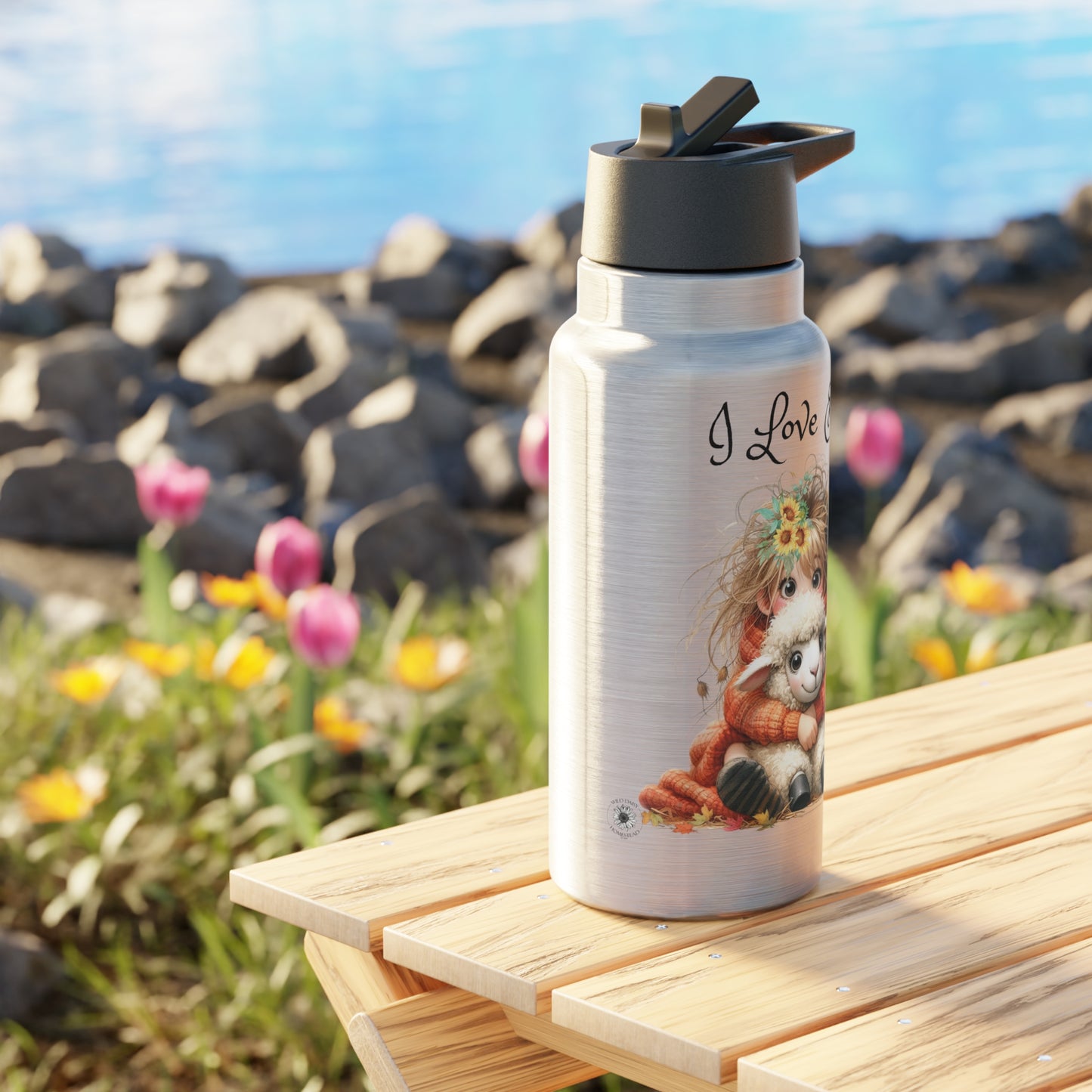 This darling very cute and whimsical  water bottle with be the favorite for any of your fun loving cute Valentines this year. Women and girls of all ages with be thrilled with the size and shape of this water bottle that is easy to hold and carry. Keeping hot drinks hot and cold drinks cold. Durable and travel friendly. No one will forget to grab their water bottle before leaving when this sweet sheep and girl print on the front with ' "I Love Ewe  " written in a princess font on top. 